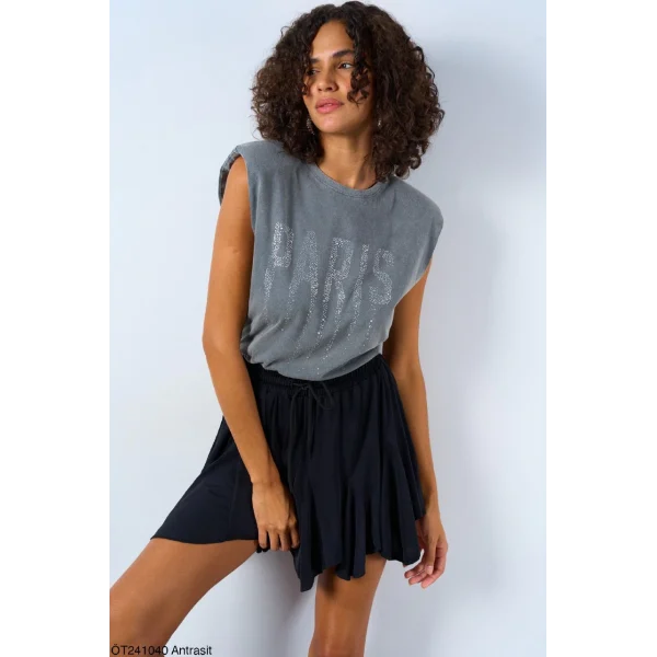 PARİS TAŞ İŞLEMELİ KOLSUZ TİŞÖRT ANTRASİT