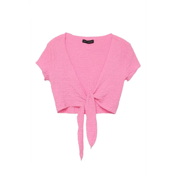 Bağlama Detaylı Crop Bluz Pembe