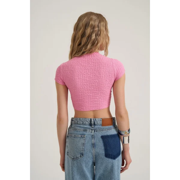 Bağlama Detaylı Crop Bluz Pembe