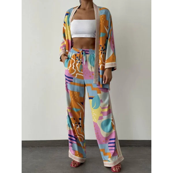 Beli Lastikli Renkli Desenli Pantolon Turuncu