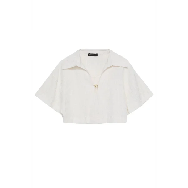 Gömlek Yaka Crop Bluz Naturel