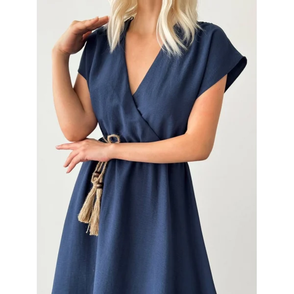 HASIR BAĞLAMALI MİDİ BOY ELBİSE LACİVERT