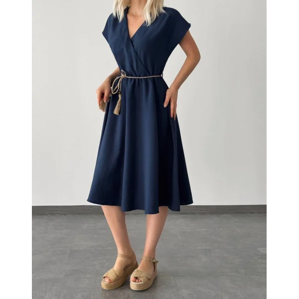 HASIR BAĞLAMALI MİDİ BOY ELBİSE LACİVERT