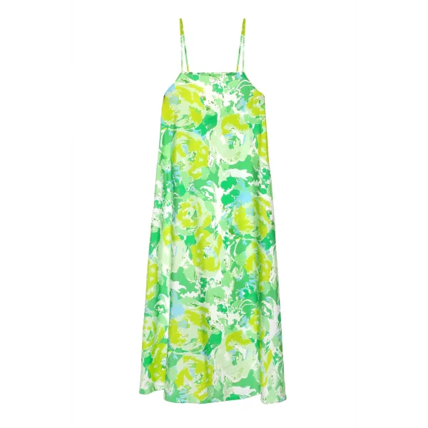 Renkli Desenli Askılı Uzun Elbise Mint