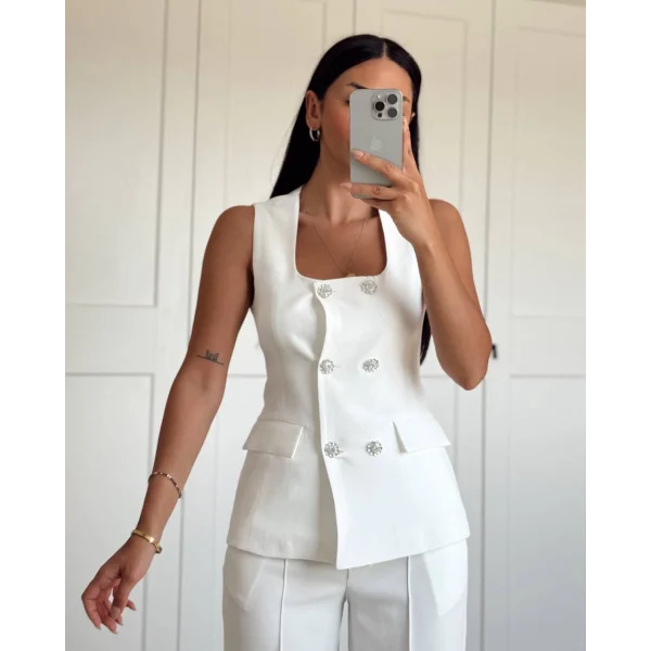 TAŞ DÜĞME BEYAZ YELEK PANTOLON TAKIM