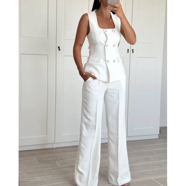 TAŞ DÜĞME BEYAZ YELEK PANTOLON TAKIM