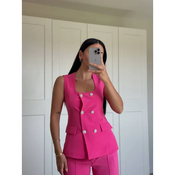 GOLD DÜĞME FUŞYA YELEK PANTOLON TAKIM