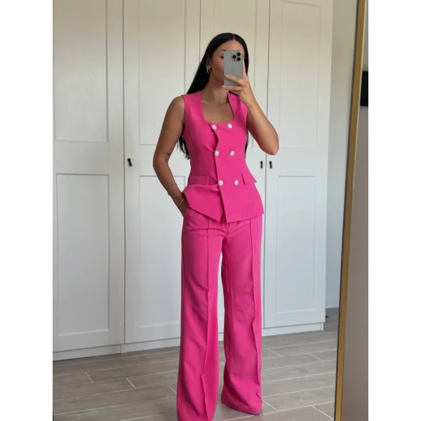 GOLD DÜĞME FUŞYA YELEK PANTOLON TAKIM