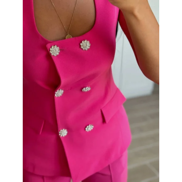 GOLD DÜĞME FUŞYA YELEK PANTOLON TAKIM