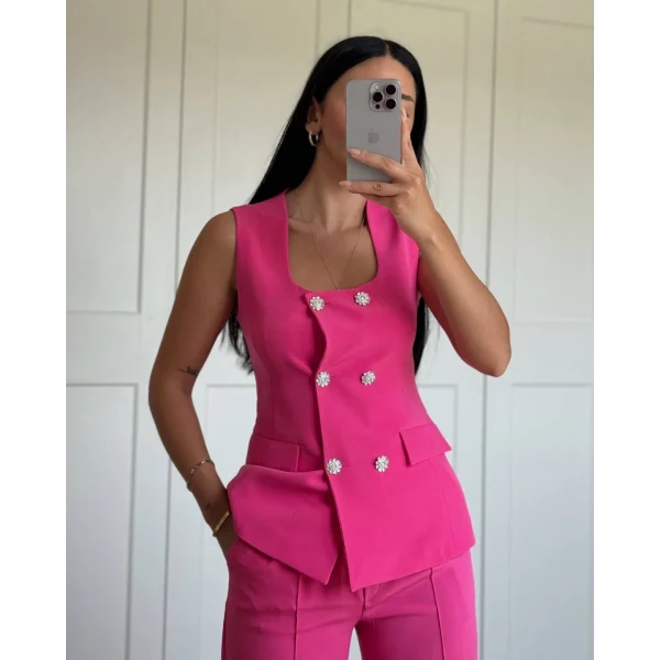 GOLD DÜĞME FUŞYA YELEK PANTOLON TAKIM