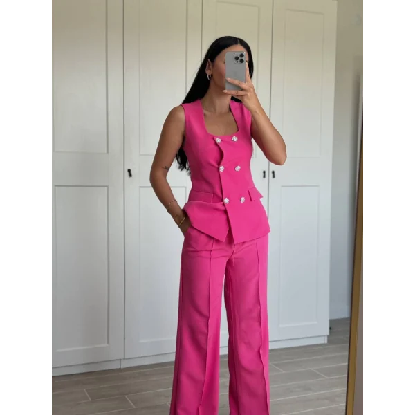 GOLD DÜĞME FUŞYA YELEK PANTOLON TAKIM