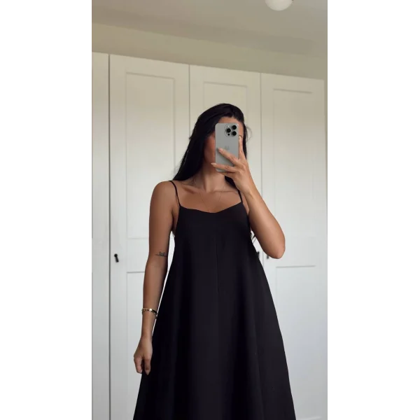 ASKILI UZUN KETEN ELBİSE SİYAH