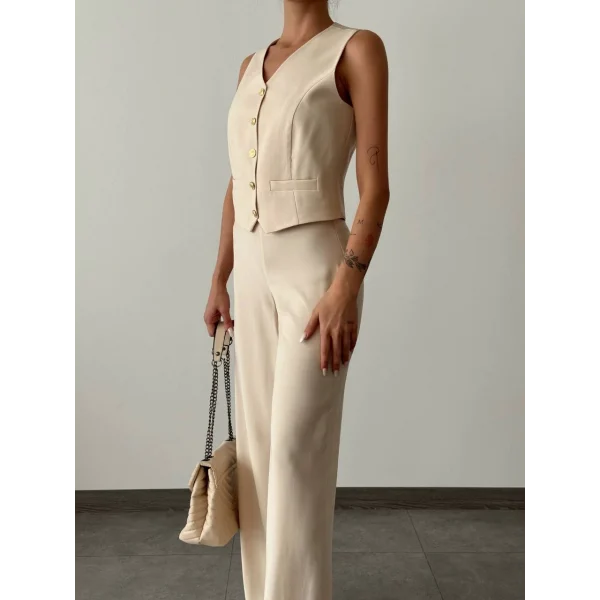 Modal Kumaş Yelek Pantolon Takım Vizon