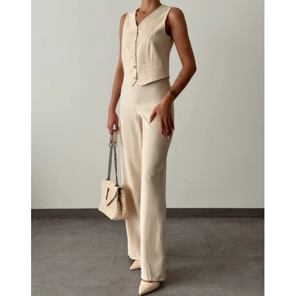 Modal Kumaş Yelek Pantolon Takım Vizon