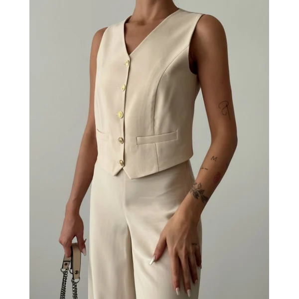 Modal Kumaş Yelek Pantolon Takım Vizon