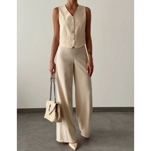 Modal Kumaş Yelek Pantolon Takım Vizon