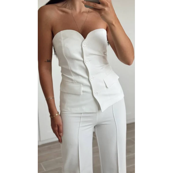 Premium Straplez Yelek Pantolon Takım Beyaz