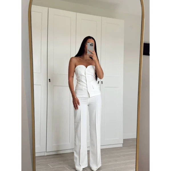 Premium Straplez Yelek Pantolon Takım Beyaz