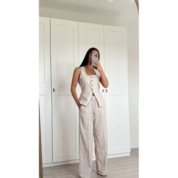 BEJ KETEN YELEK PANTOLON TAKIM