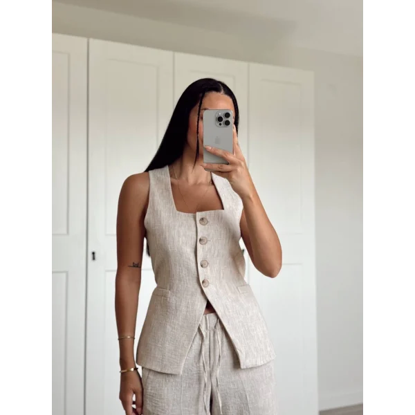 BEJ KETEN YELEK PANTOLON TAKIM