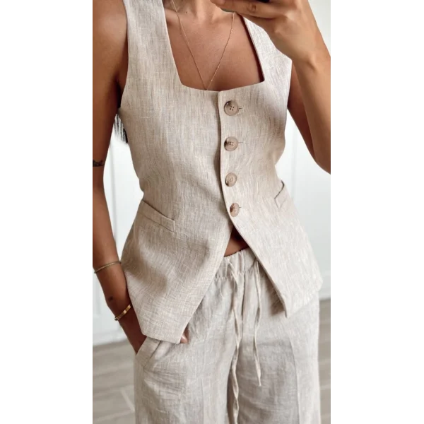 BEJ KETEN YELEK PANTOLON TAKIM