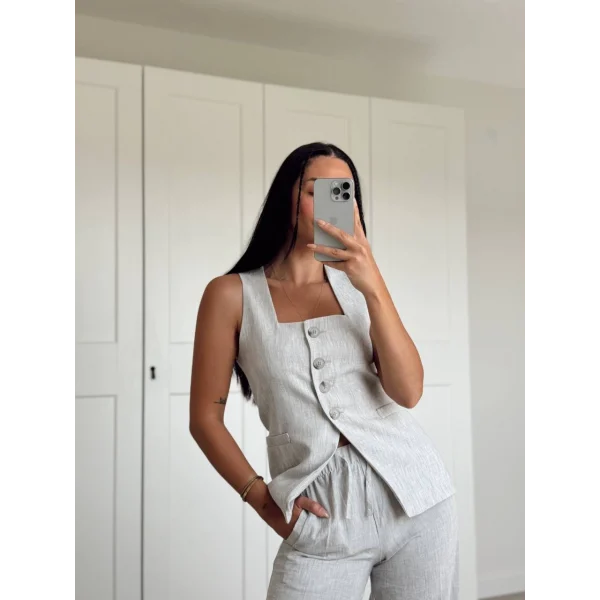 GRİ KETEN YELEK PANTOLON TAKIM