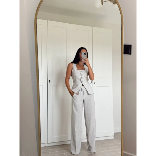 GRİ KETEN YELEK PANTOLON TAKIM