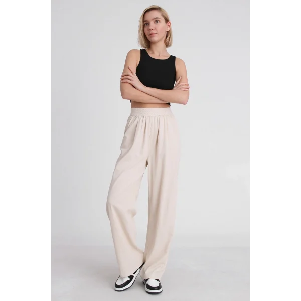 BELİ LASTİKLİ KETEN PANTOLON EKRU