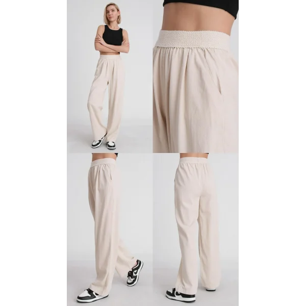 BELİ LASTİKLİ KETEN PANTOLON EKRU