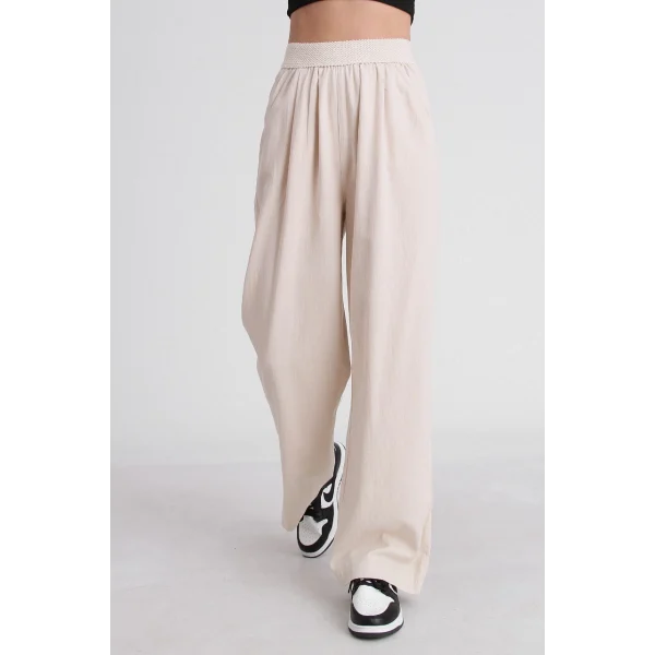 BELİ LASTİKLİ KETEN PANTOLON EKRU