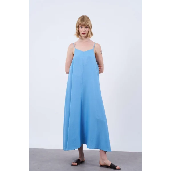 İNCE ASKILI UZUN KETEN ELBİSE MAVİ