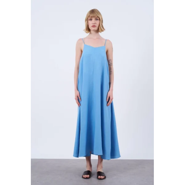 İNCE ASKILI UZUN KETEN ELBİSE MAVİ