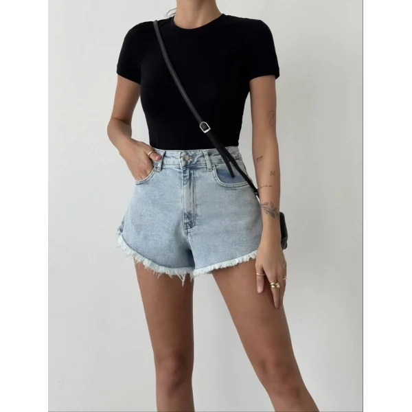 PAÇALARI PÜSKÜLLÜ KOT ŞORT MAVİ