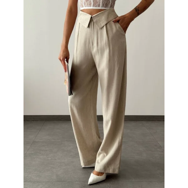 QUZU Bel Detaylı Bol Paça Keten Pantolon Naturel