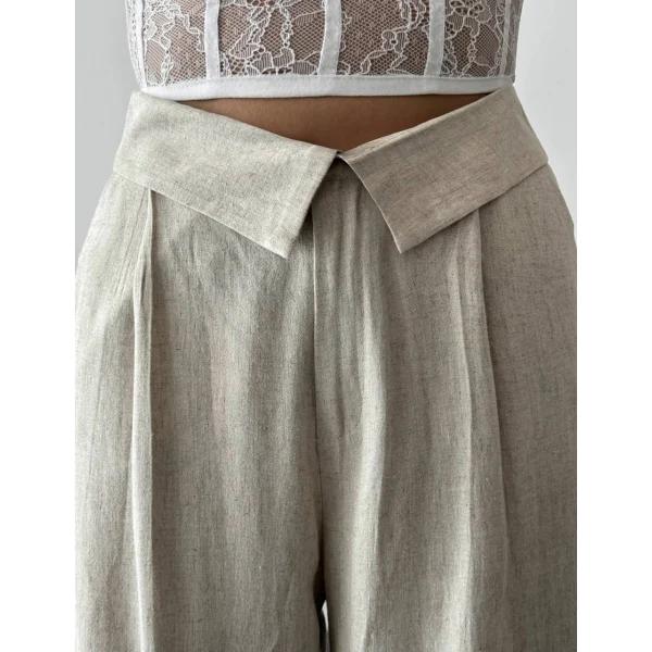 QUZU Bel Detaylı Bol Paça Keten Pantolon Naturel