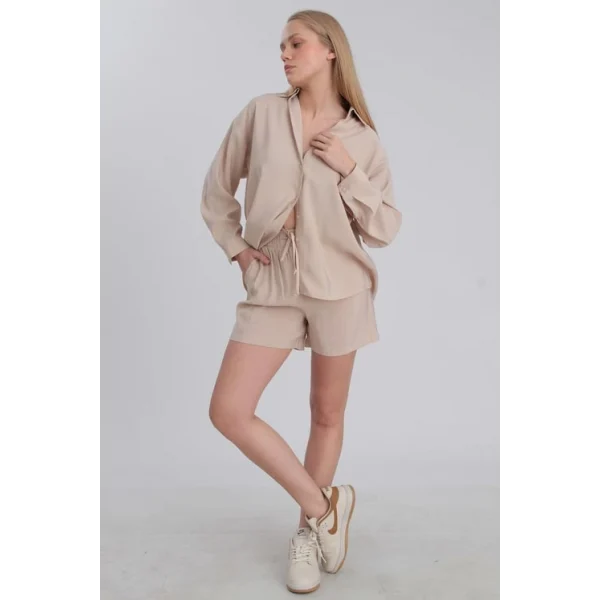 Modal Kumaş Şort Gömlek Takım Taş