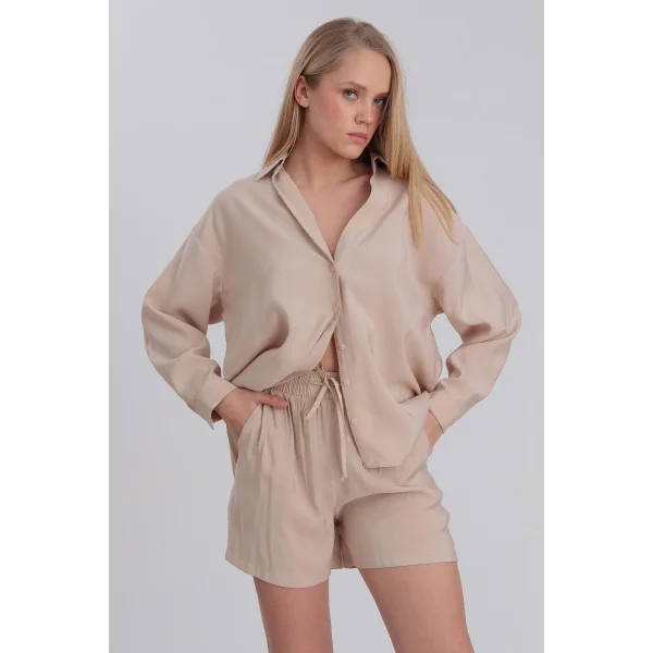 Modal Kumaş Şort Gömlek Takım Taş