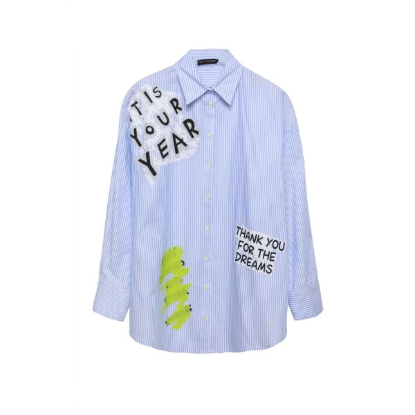 Çizgi Detaylı Baskılı Oversize Gömlek Mavi