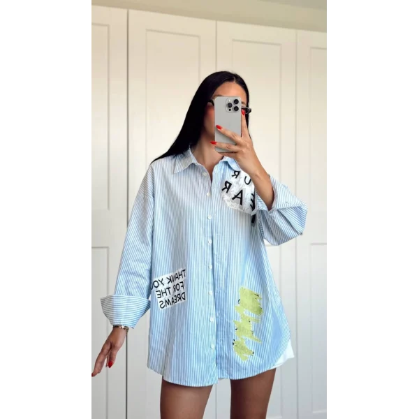 Çizgi Detaylı Baskılı Oversize Gömlek Mavi
