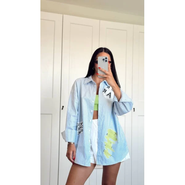 Çizgi Detaylı Baskılı Oversize Gömlek Mavi