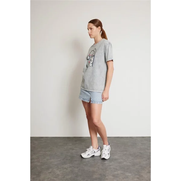 Taş İşlemeli Baskılı Tişört Gri