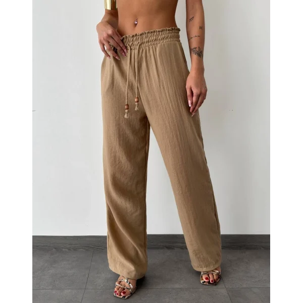 BELİ LASTİKLİ KETEN PANTOLON KAHVE