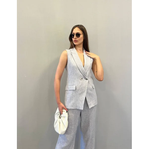 KRUVAZE YAKA KETEN YELEK PANTOLON TAKIM GRİ