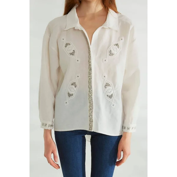 ROBİN İŞLEMELİ KETEN GÖMLEK EKRU