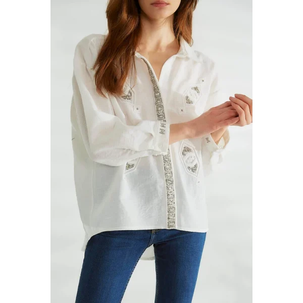 ROBİN İŞLEMELİ KETEN GÖMLEK EKRU