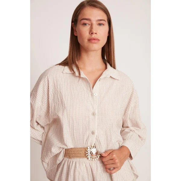 PREMİUM SERİ ÇİZGİLİ KEMERLİ ŞORT TAKIM-KAHVE