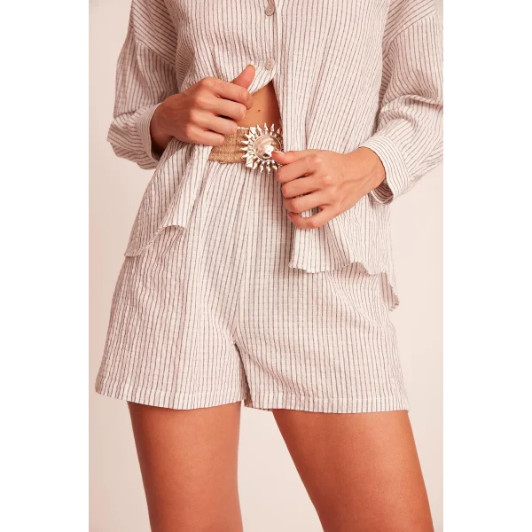 PREMİUM SERİ ÇİZGİLİ KEMERLİ ŞORT TAKIM-KAHVE