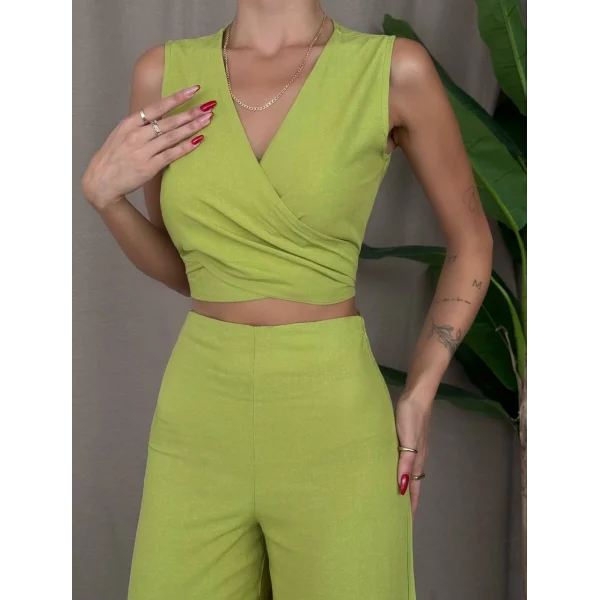 ÖNDEN BAĞLAMALI BLUZ PANTOLON KETEN TAKIM KİVİ