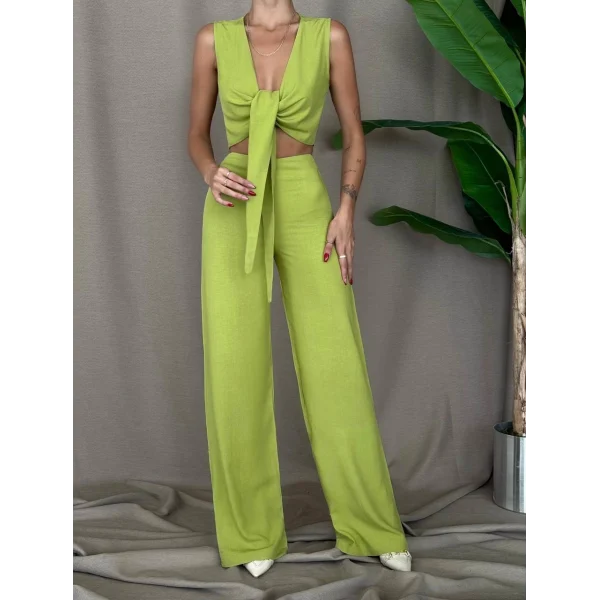 ÖNDEN BAĞLAMALI BLUZ PANTOLON KETEN TAKIM KİVİ