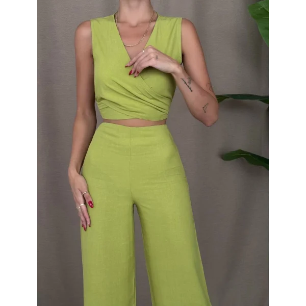 ÖNDEN BAĞLAMALI BLUZ PANTOLON KETEN TAKIM KİVİ